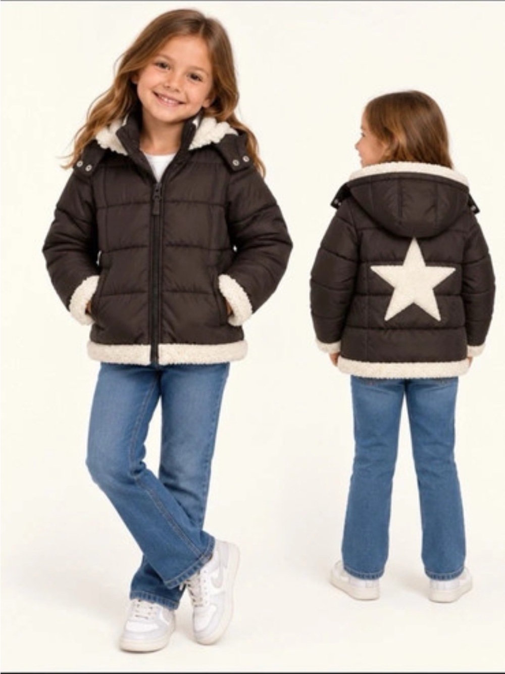 Sam Edelman Brown Puffer Jacket with Cream Sherpa Star